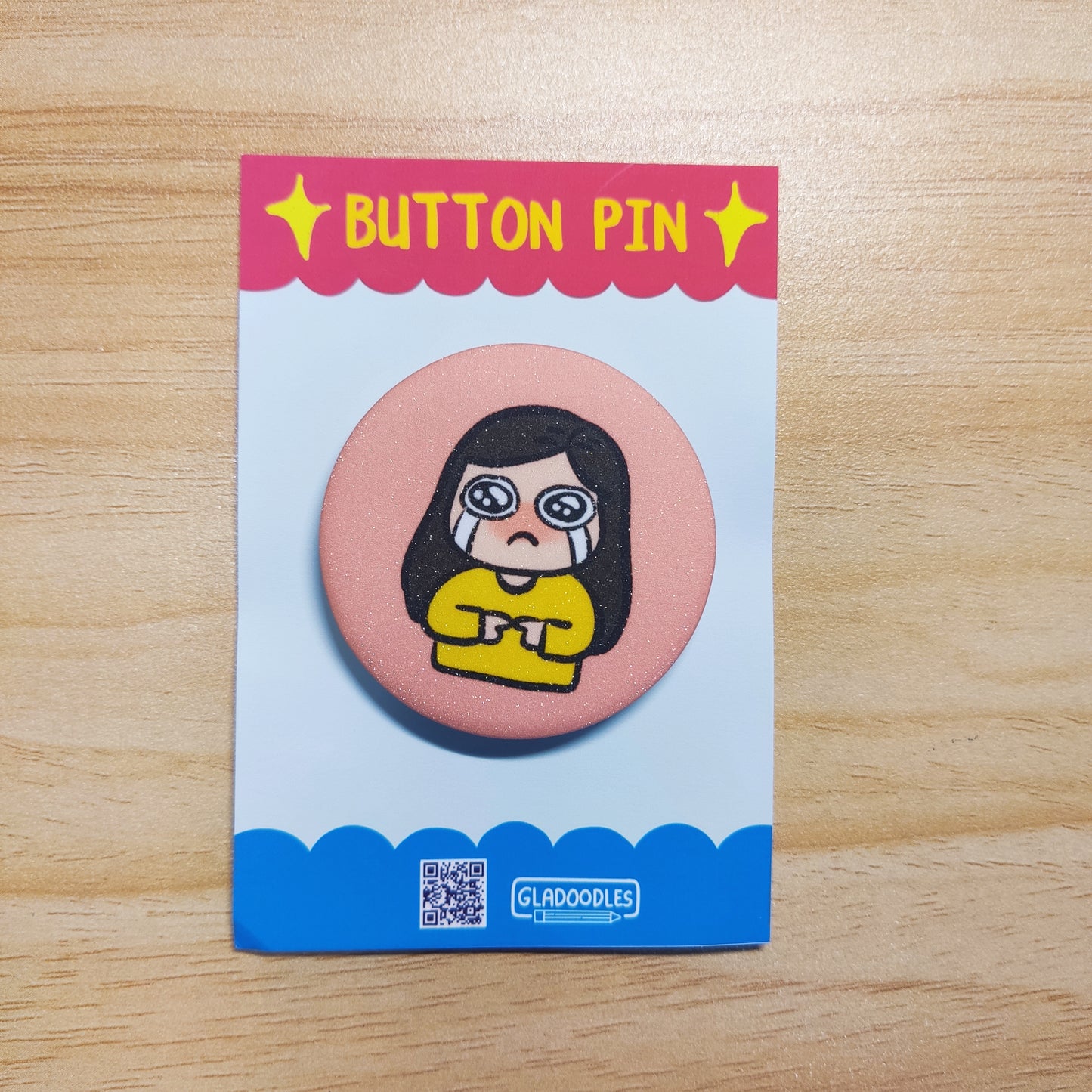 "PJ Crying" Button Pin (Glitter) | 1.75 Inches