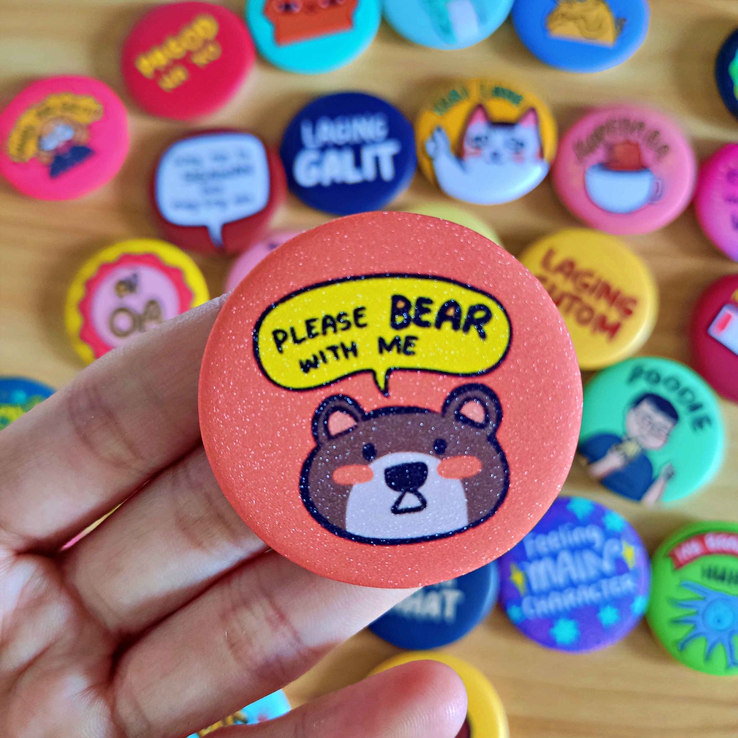 Please BEAR with me Button Pin (Glitter) | 1.75 Inches